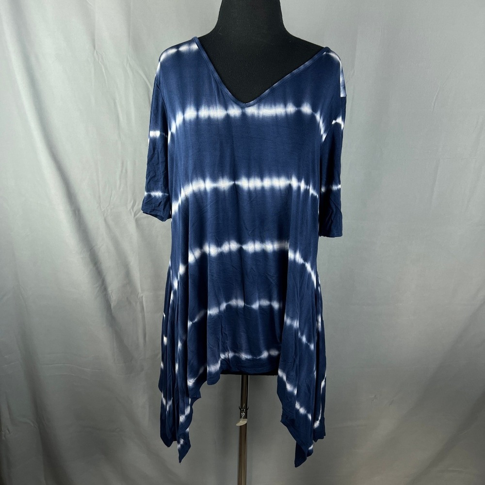 Indigo Thread Blouse Top Women's XL Blue White Tie Dye Handkerchief Hem V Neck